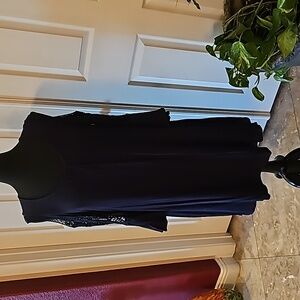 Nina Leonard black crochet cold shoulder swing flair dress.